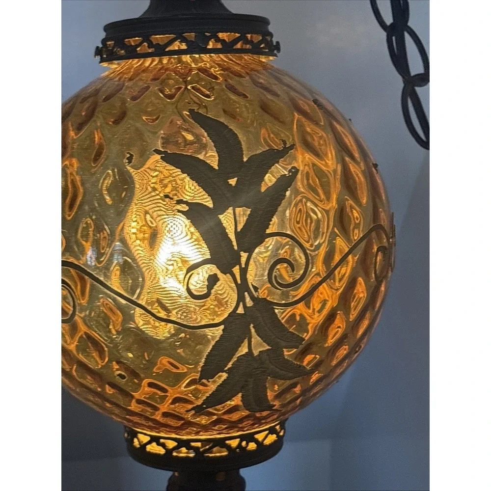 Vintage Large Amber Glass MCM  Hanging Swag Lamp Light W/ Chain